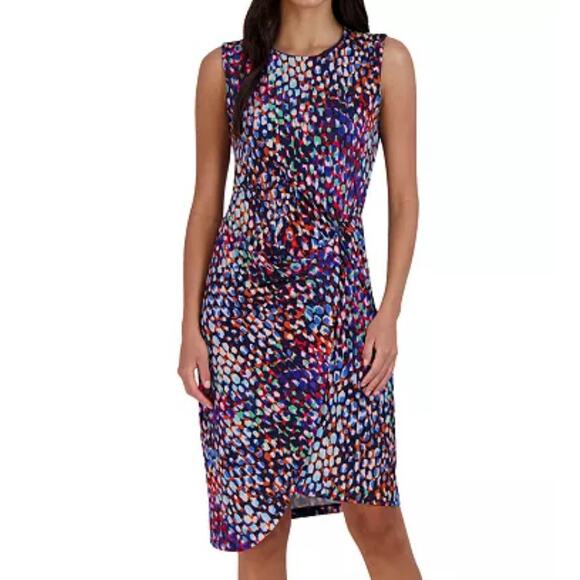 Donna Ricco Twisted Asymmetrical-Hem Printed Sheath Dress Women's 8 Navy Multi - Picture 1 of 7
